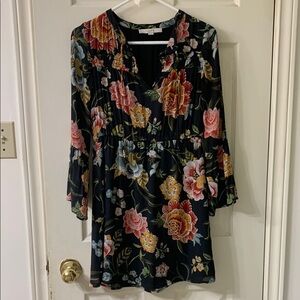 🌷3 for$25🌷LOFT, US XXSP, Black Orange & Gold Long Sleeve Floral Semi Sheer Dress